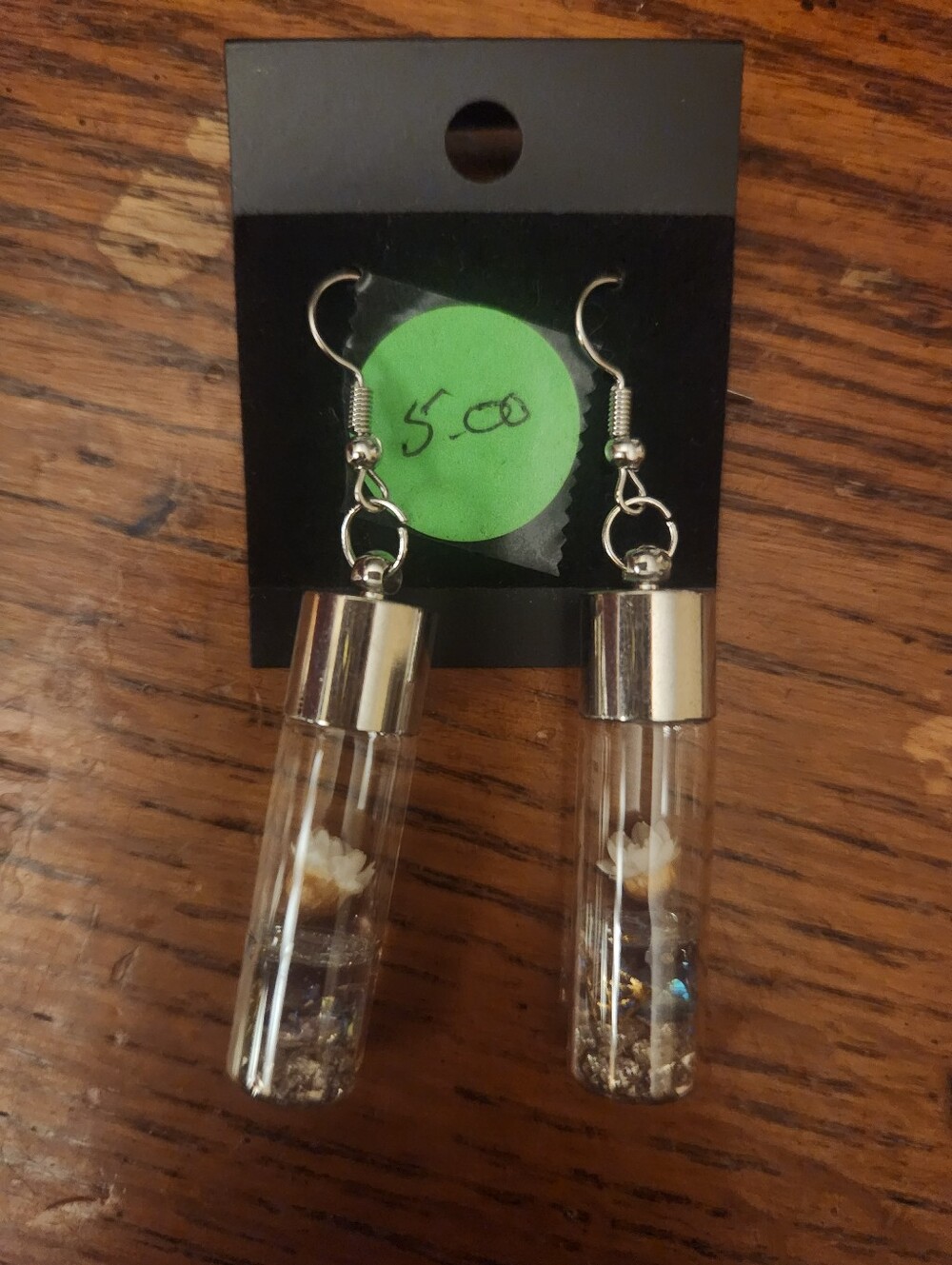 Source Unknown Silver-Capped Glass Tube Earrings with White Floral Accent